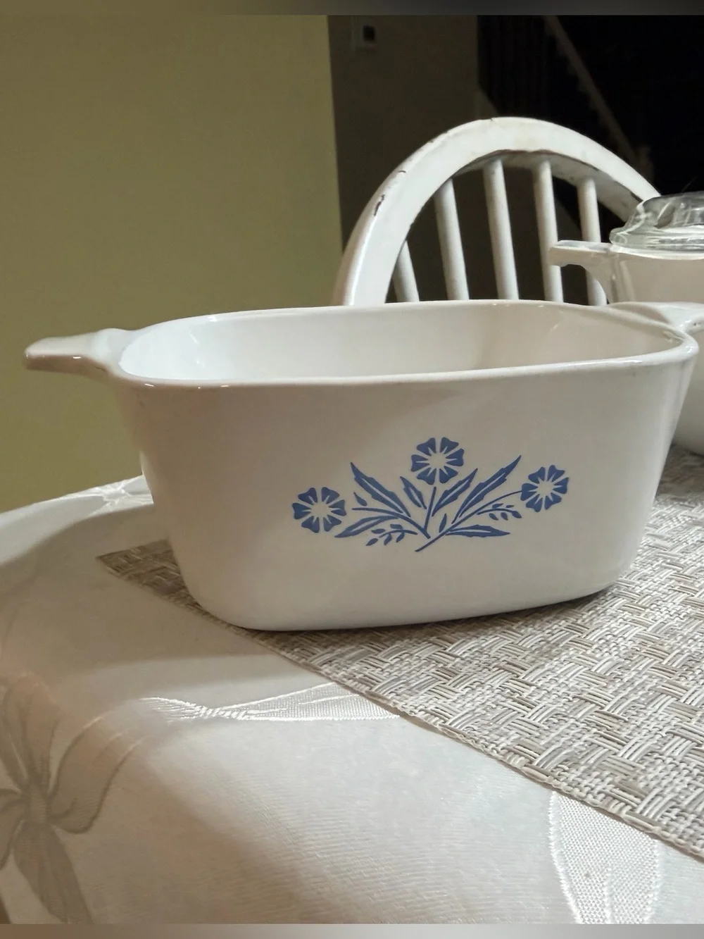 Vintage three-piece set of Corning Ware Blue Cornflower casserole dishes.